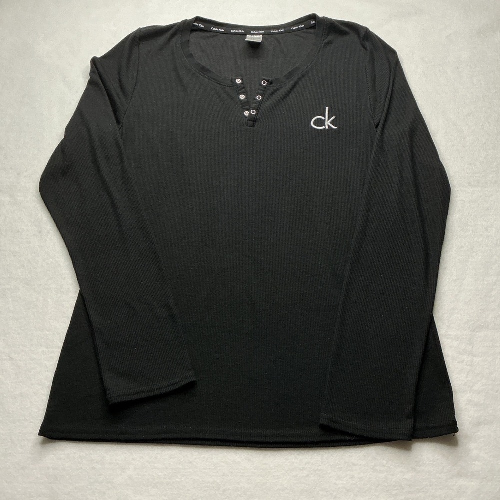 Calvin Klein Sleepwear Womens Medium Black Ribbed Long Sleeve Henley Top CK Logo